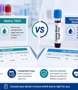 Comparison of HbA1c and fasting blood sugar tests showing blood samples, lab reports, and glucose meter for diabetes monitoring and diagnosis