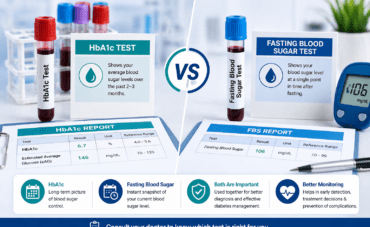 Comparison of HbA1c and fasting blood sugar tests showing blood samples, lab reports, and glucose meter for diabetes monitoring and diagnosis