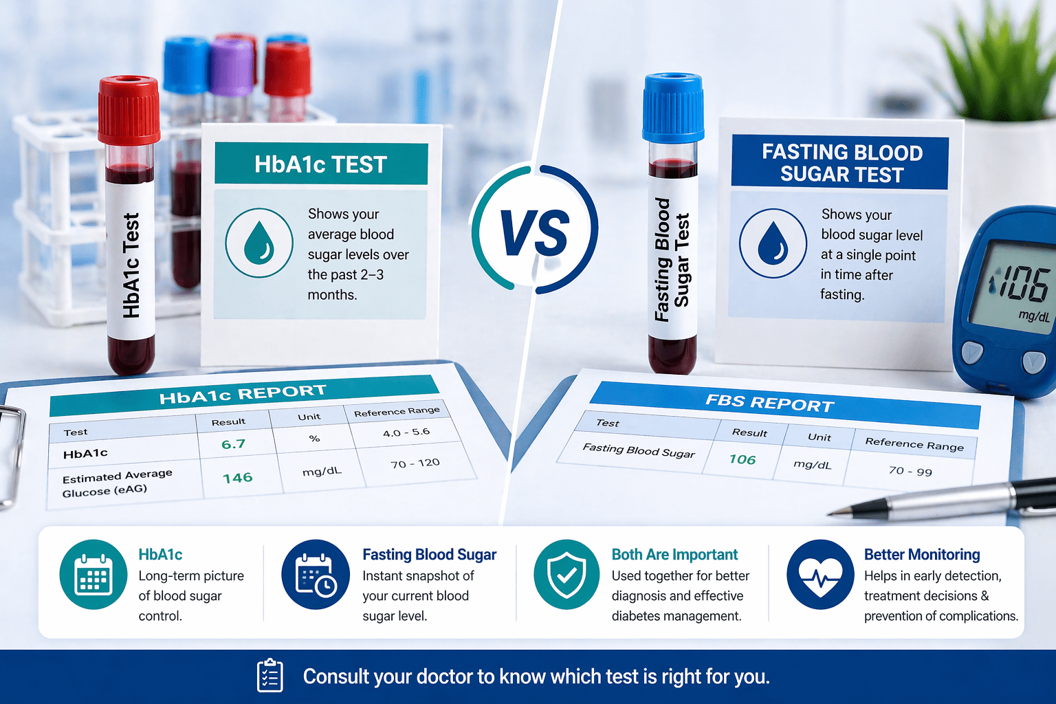 Comparison of HbA1c and fasting blood sugar tests showing blood samples, lab reports, and glucose meter for diabetes monitoring and diagnosis