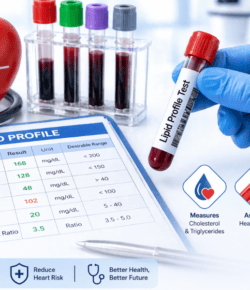 Lipid profile blood test showing cholesterol levels and heart health indicators with lab sample, report, and diagnostic setup for cardiovascular risk assessment