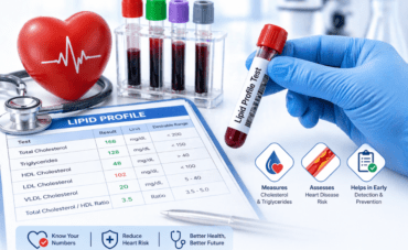 Lipid profile blood test showing cholesterol levels and heart health indicators with lab sample, report, and diagnostic setup for cardiovascular risk assessment