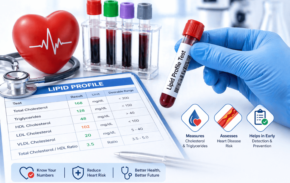 Lipid profile blood test showing cholesterol levels and heart health indicators with lab sample, report, and diagnostic setup for cardiovascular risk assessment