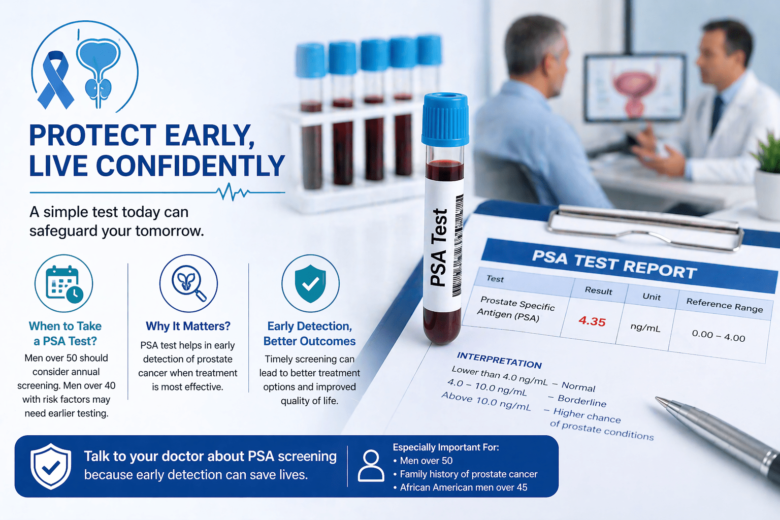 PSA blood test showing prostate cancer screening report and sample used for early detection and prostate health assessment