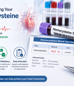 Homocysteine blood test showing lab sample and report used to assess heart disease risk and detect vitamin B12, B6, and folate deficiencies