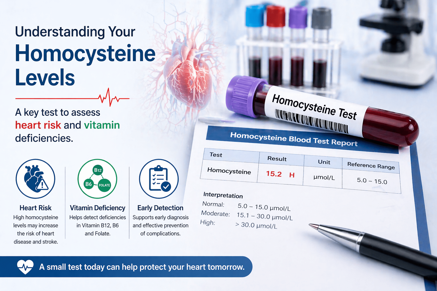 Homocysteine blood test showing lab sample and report used to assess heart disease risk and detect vitamin B12, B6, and folate deficiencies