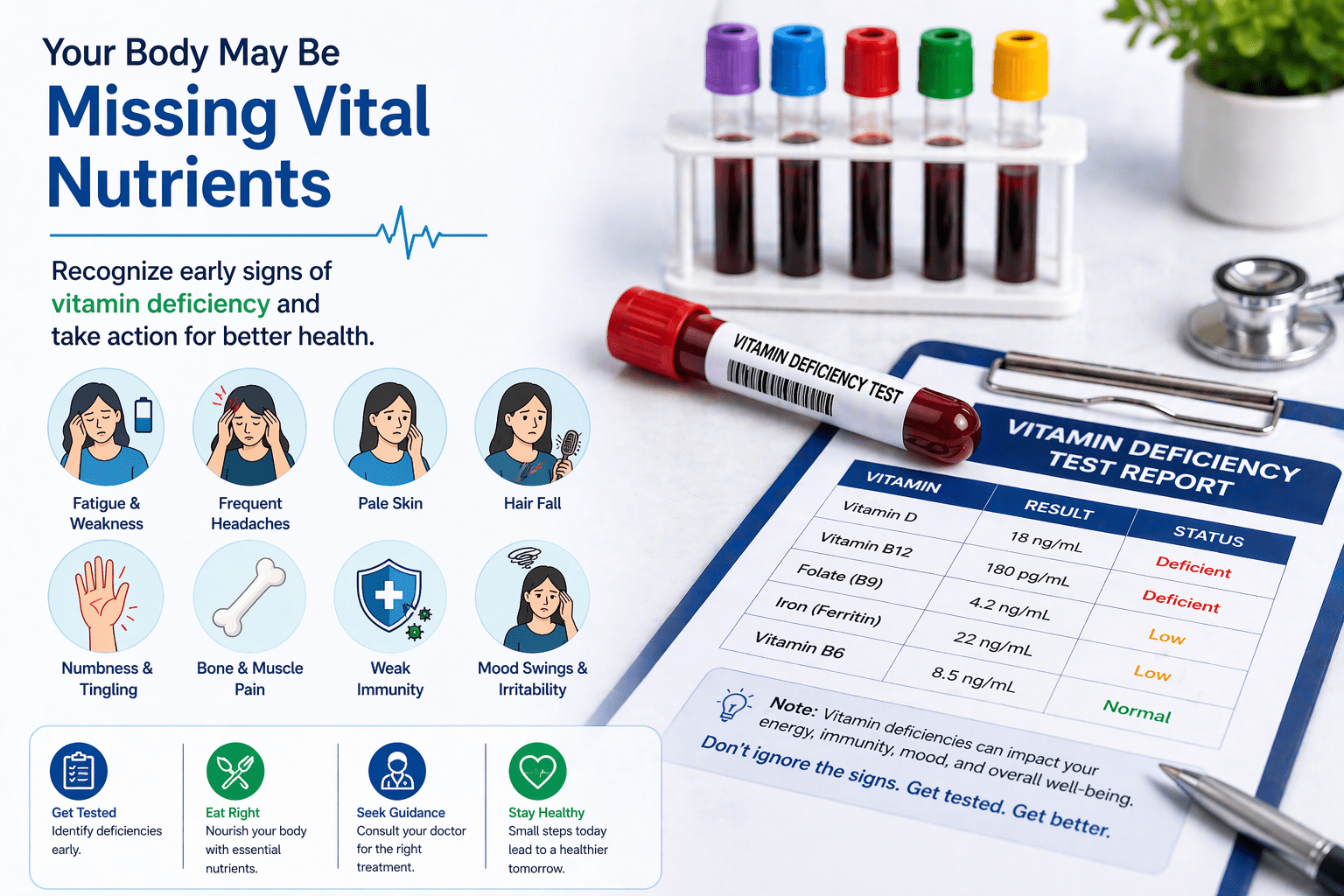 Early signs of vitamin deficiency shown with symptoms and blood test report indicating low vitamin levels and need for diagnosis